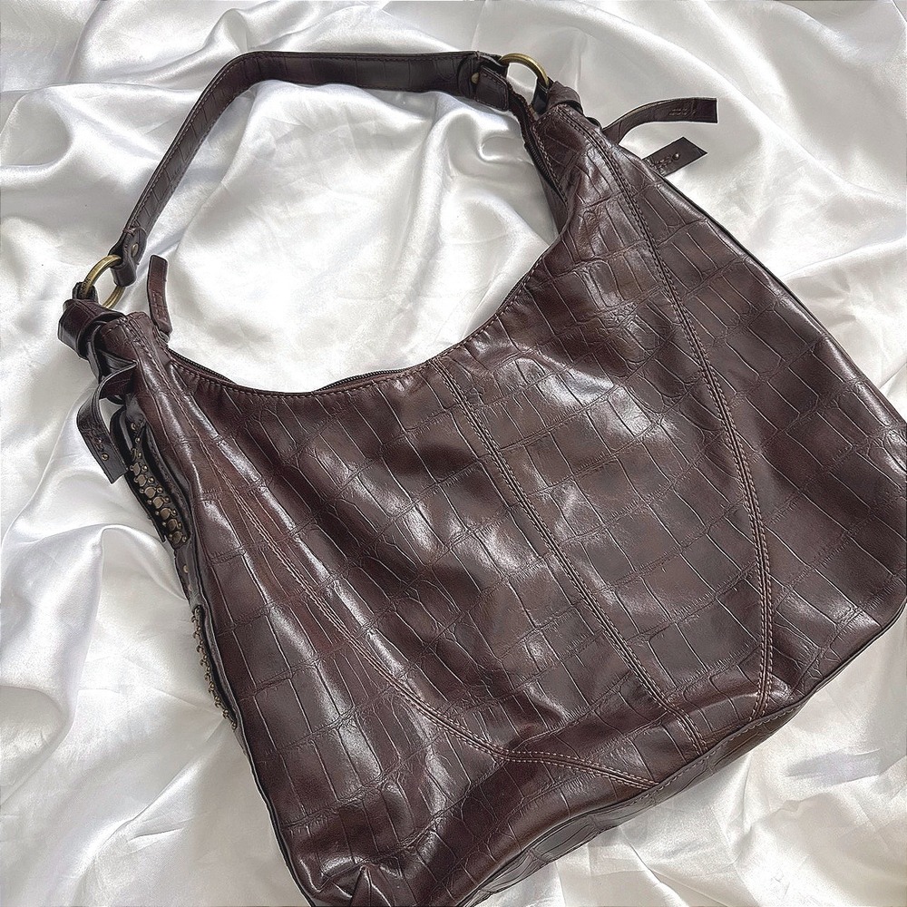 Fossil Dark Brown Croc Embossed Leather Hobo Shoulder Bag Brass Studs Vintage